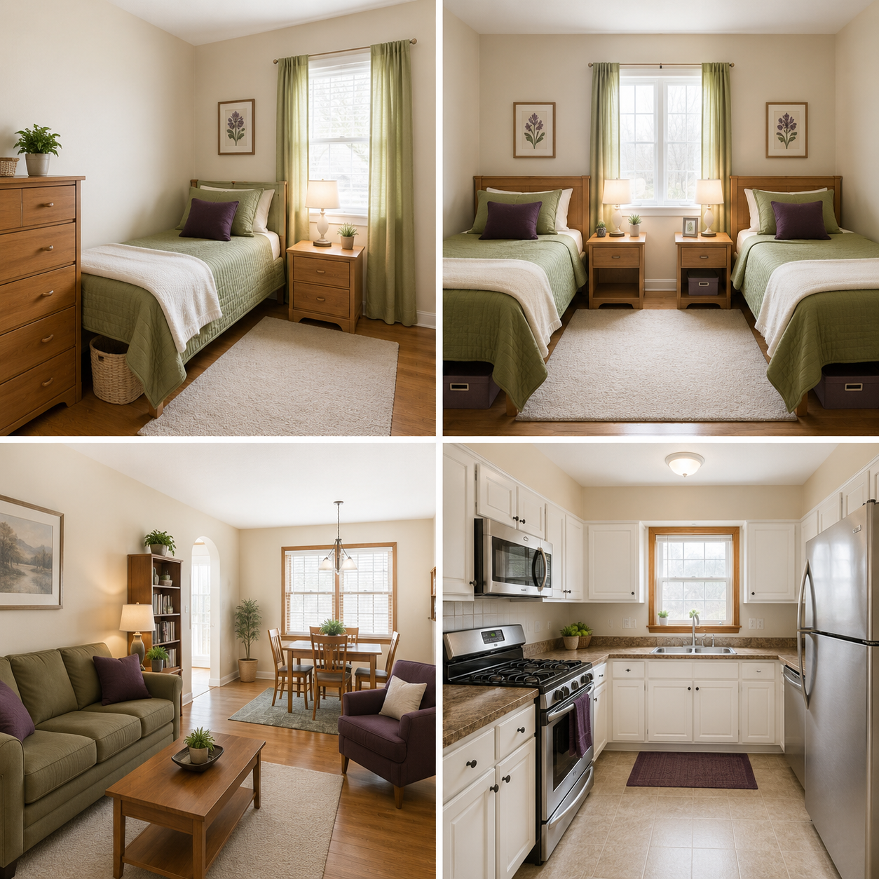 Representative private room, shared room, living and dining area, and kitchen