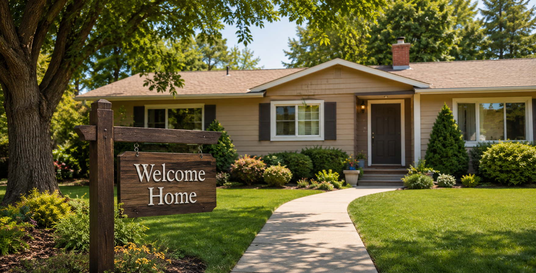 Welcoming rambler home with a Welcome Home sign by the walkway